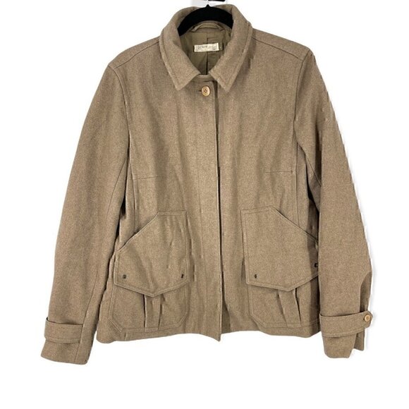 J Crew Wool Utility Field Jacket Large Tan Brown Coat Hidden Buttons Lined - Picture 1 of 5